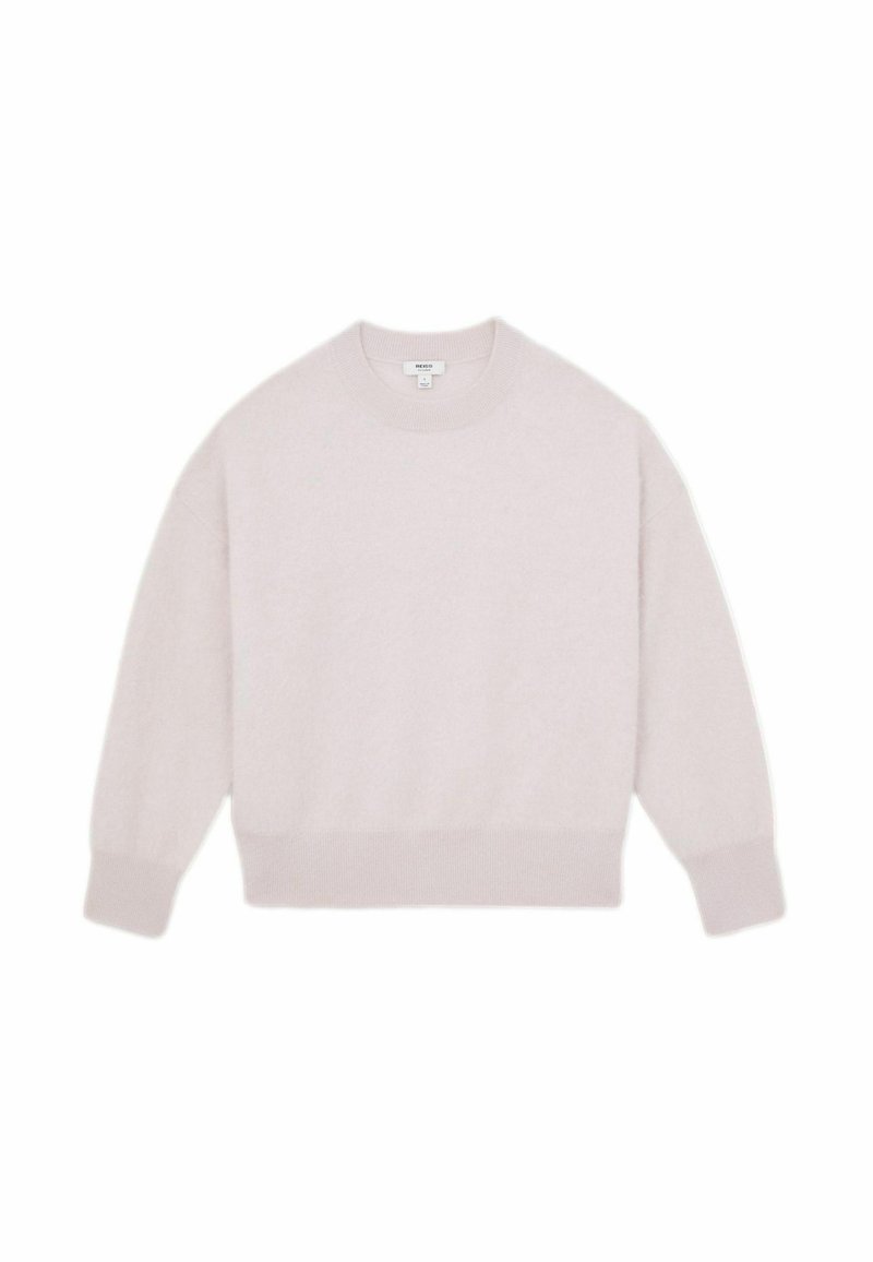 Maglione rosa chiaro realizzato in materiale morbido, con scollo a girocollo, maniche lunghe e orli e polsini a costine. Design minimalista senza modelli.