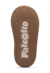 Bruine rubberen schoenzool met een getextureerd grippatroon. "Falcotto" logo in het wit, nummer "19" in een cirkel.