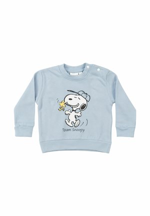 Light blue long-sleeve toddler sweatshirt with buttons on shoulder, featuring Snoopy and Woodstock cartoon with "Team Snoopy" text.