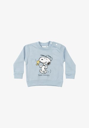 Felpa azzurro chiaro a maniche lunghe per bambini piccoli con bottoni sulla spalla, raffigurante i personaggi dei cartoni Snoopy e Woodstock con la scritta "Team Snoopy".