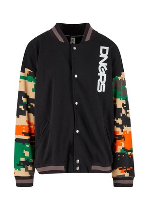 Black bomber jacket with colorful camouflage patterned sleeves. Features white logo, snap buttons, and ribbed cuffs and collar.