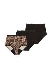 Tre par damunderkläder: två helsvarta, ett med leopardmönstrad front; mjuk tyg, hög midja, elastisk spetsresår.