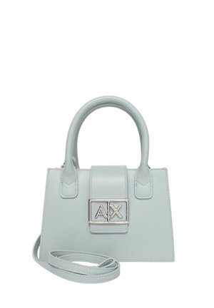 Borsa in faux pelle azzurro chiaro, dalla forma strutturata, con manici superiori, una tracolla removibile e hardware in argento conlogo sulla patta frontale.