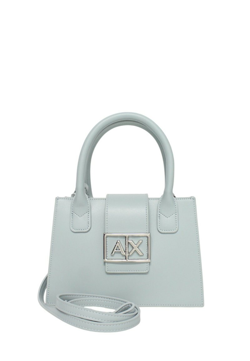 Lichtblauwe faux leren handtas met een gestructureerde vorm, bovenhandgrepen, een afneembare schouderband en zilveren logo-hardware op de voorflap.