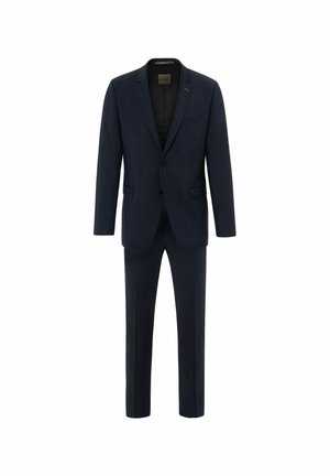 Marineblå to-delt jakkesæt med en enkeltknappet jakke med klapkrave og slim-fit bukser, lavet af tekstureret stof.