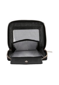 Black leather wallet with a zip closure, featuring a striped fabric lining, multiple card slots, and a transparent ID pocket.