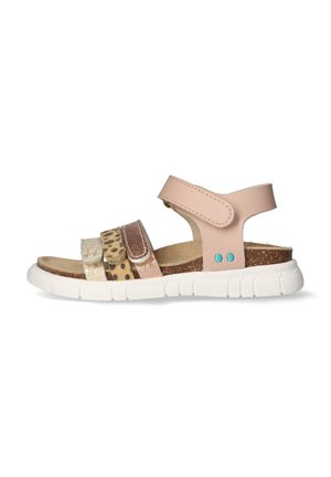Rosa sandaler med flere teksturerede stropper: metallisk, leopardprint og ensfarvet. Hvid sål med fleksibel design og korkfodbed.