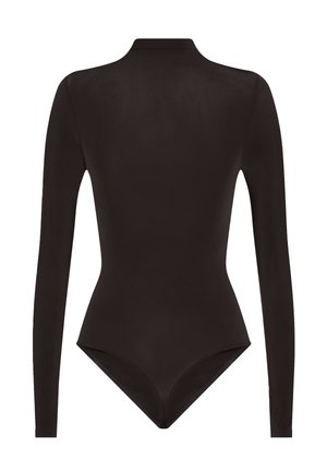 Body nero a maniche lunghe realizzato in tessuto morbido, con colletto alto e design aderente e slanciato, caratterizzato da una schiena scoperta e bordi senza cuciture.