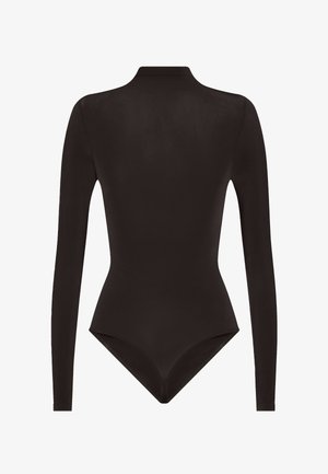 Body nero a maniche lunghe realizzato in tessuto morbido, con colletto alto e design aderente e slanciato, caratterizzato da una schiena scoperta e bordi senza cuciture.