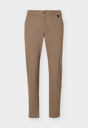 Pantalon beige droit avec fermeture par boutons, passants de ceinture et poches latérales, présenté sur un fond clair uni.