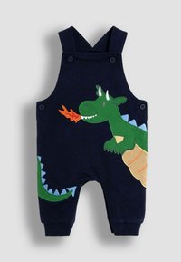 Jūras zila kokvilnas overalīši ar pūķa izšuvumu, kas iezīmē zaļas zvīņas, uguns liesmu un gaiši zilas akcentus, ar pogu aizdari uz siksnām.