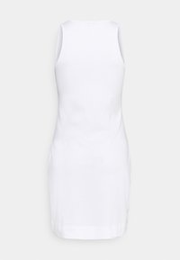 Sleeveless white knee-length dress with a fitted silhouette, displayed flat showing the back side against a plain background.