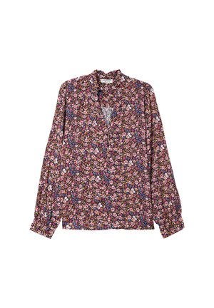 Blusa a maniche lunghe in tessuto scuro con un motivo floreale colorato. Presenta uno scollo a V e maniche arricciate per una vestibilità comoda.