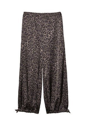 Locker sitzende Hosen mit weitem Bein, verziert mit einem dunkelbunten Leopardenmuster in Braun und Schwarz, sowie geschnürten Säumen, die mit kleinen Schleifen gebunden sind.