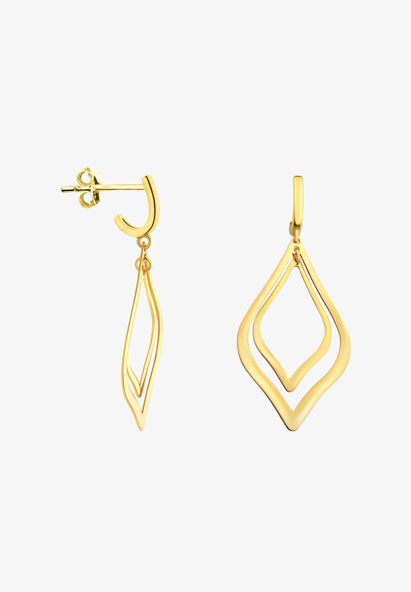 Boucles d'oreilles pendantes ton or avec deux cadres ouverts en forme de losange suspendus à de petites clous incurvés avec fermoirs à poussette.