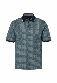 Polo triko s krátkým rukávem v tmavě modré barvě s opakujícím se geometrickým vzorem, jednobarevným námořnickým límečkem a knoflíkovým zapínáním. Hladký textilní materiál.