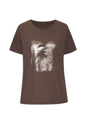 Bruine katoenen t-shirt met een witte botanische print in rechthoekige vorm. Korte mouwen en een ronde halslijn.