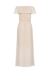 Robe longue beige épaules dénudées avec col à volants et taille cintrée, jupe longue fluide, sans manches.