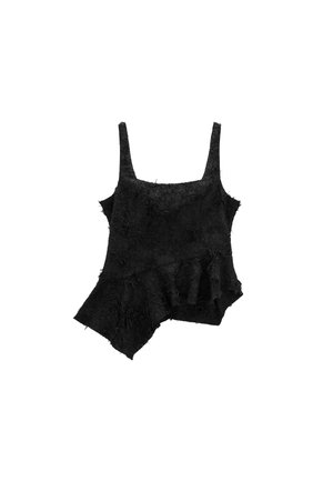 Asymetryczna czarna bluzka z teksturowanej tkaniny, z dwoma ramiączkami i falbanką z jednej strony, dodającą wizualnego zainteresowania i różnorodności kształtu.