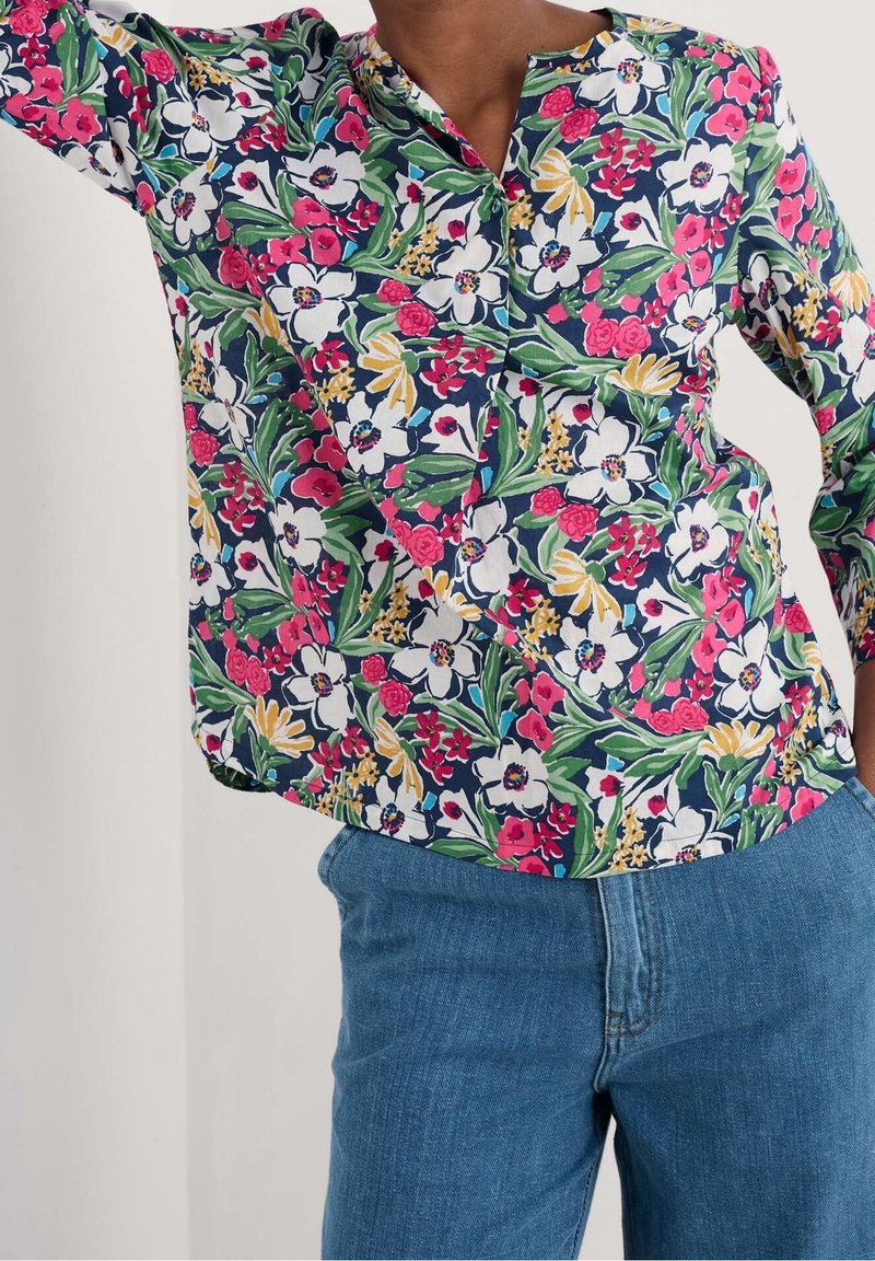 En person iført en farverig blomsterknap-up skjorte med grønne, hvide, pink og gule blomster, parret med blå denim jeans.