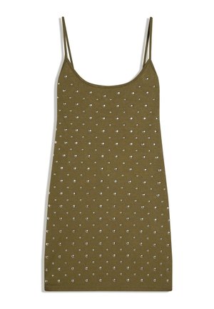 Olivovo zelené minišaty bez rukávov s tenkými ramienkami a rozptýlenými malými striebornými nitmi zdobiacimi prednú časť.