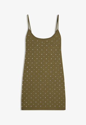 Abito mini senza maniche verde oliva con sottili spalline e piccoli borchiette argentate sparse che decorano la parte anteriore.