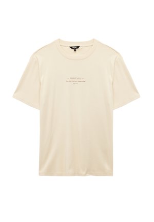 Beżowy t-shirt z krótkim rękawem, okrągłym dekoltem i małym, wyśrodkowanym napisem "POSITANO" napisanym wielkimi literami.