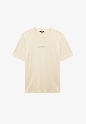 T-shirt beige a maniche corte con collo rotondo e piccolo testo centrato con la scritta "POSITANO" in lettere maiuscole.