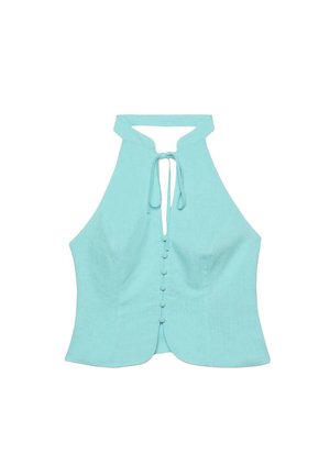 Top halter azzurro chiaro con chiusura frontale con bottoni e laccio al collo, dal design aderente e senza maniche.