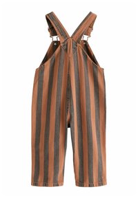 Stripede overalls med brune og grå lodrette striber, lavet af holdbart stof. Justerbare stropper og en afslappet pasform.