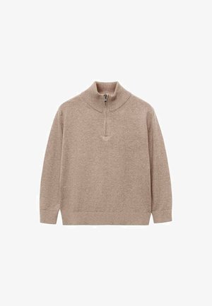Beige lange mouwen trui met een kwart-rits kraag en geribbelde manchetten en zoom, gemaakt van zachte gebreide stof.