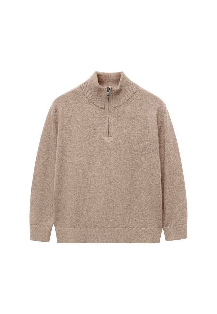 Beige Langarmpullover mit einem Viertel-Reißverschluss-Kragen sowie gerippten Bündchen und Saum, aus weichem Strickstoff gefertigt.