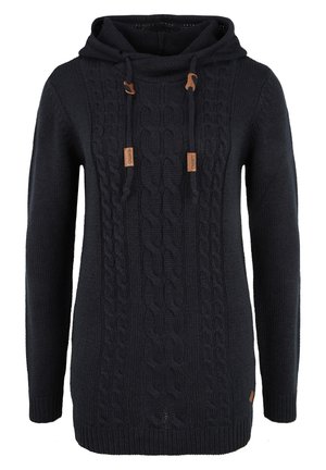 Dark navy knitted hoodie with a cable-knit texture, featuring a wide neckline, adjustable drawstrings, and leather accents near the hem.