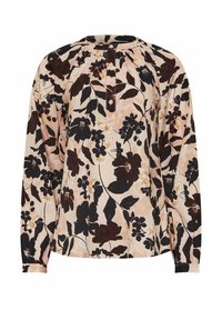 Blusa floreale beige con motivi di fiori rosso scuro, neri e bianchi. Maniche lunghe con polsini arricciati e collo con bottoni.