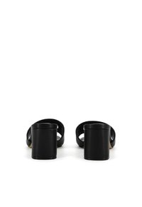 Black heeled sandals with open backs and rounded toes. Smooth leather material, thick block heels, and minimalistic design.
