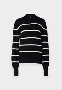 Pull en maille bleu marine foncé avec des rayures horizontales blanches. Il présente un col montant et une demi-fermeture éclair. Poignets et ourlet côtelés. Texture douce.