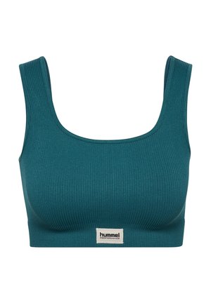 Brassière de sport côtelée couleur sarcelle avec larges bretelles et une étiquette blanche centrée en bas portant l'inscription "hummel PERFORMANCE".