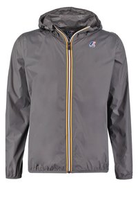 Veste légère grise avec capuche, dotée d'une fermeture éclair multicolore, de poignets élastiques et d'un logo sur la poitrine. Matériau lisse et résistant à l'eau.