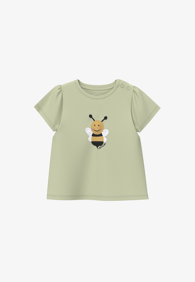 Chemise verte claire à manches courtes pour tout-petit avec manches bouffantes, deux boutons aux épaules et une broderie d'abeille souriante au centre.