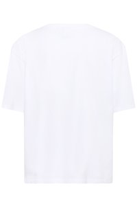 Lihtne valge lühikeste varrukatega T-särk, ümara kaelusega, unisex lõige, esikülg allapoole ja tagumine külg ettepoole, ilma nähtavate logode või kujundusteta.