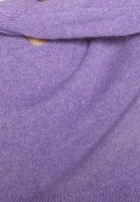 Maglione lavorato a maglia viola con scollatura a V, caratterizzato da una trama morbida e polsini a coste, che presenta una finitura liscia e uniforme.