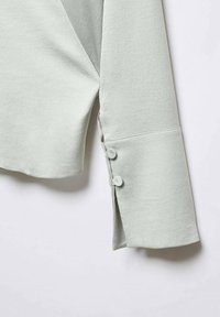 Blusa verde chiaro dal morbido tessuto, con scollo a V, maniche lunghe e tre bottoni sul polsino per un tocco di dettaglio in più.
