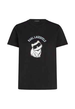 Čierne tričko s krátkym rukávom s grafikou bielej mačky v slnečných okuliaroch a textom „KARL LAGERFELD“ nad mačkou na prednej strane.