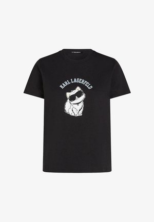 Fekete rövid ujjú póló, melyen egy fehér macska grafika látható napszemüvegben, és a „KARL LAGERFELD” felirat a macska felett elöl.