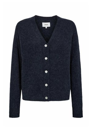 Cardigan tricotat de culoare bleu marin, cu decolteu în V, mâneci lungi și șase nasturi albi pe față. Material moale, cu textură.