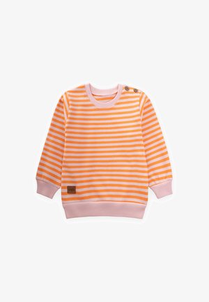 Orange- und pinkgestreifter Sweatshirt, aus weichem Material mit Rundhalsauschnitt, gerippten Bündchen und einem kleinen braunen Logolabel.