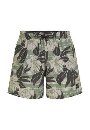 Pantaloni da bagno verdi con motivo floreale in nero e crema, dotati di cintura con cordino e strisce laterali. Realizzati in materiale leggero.