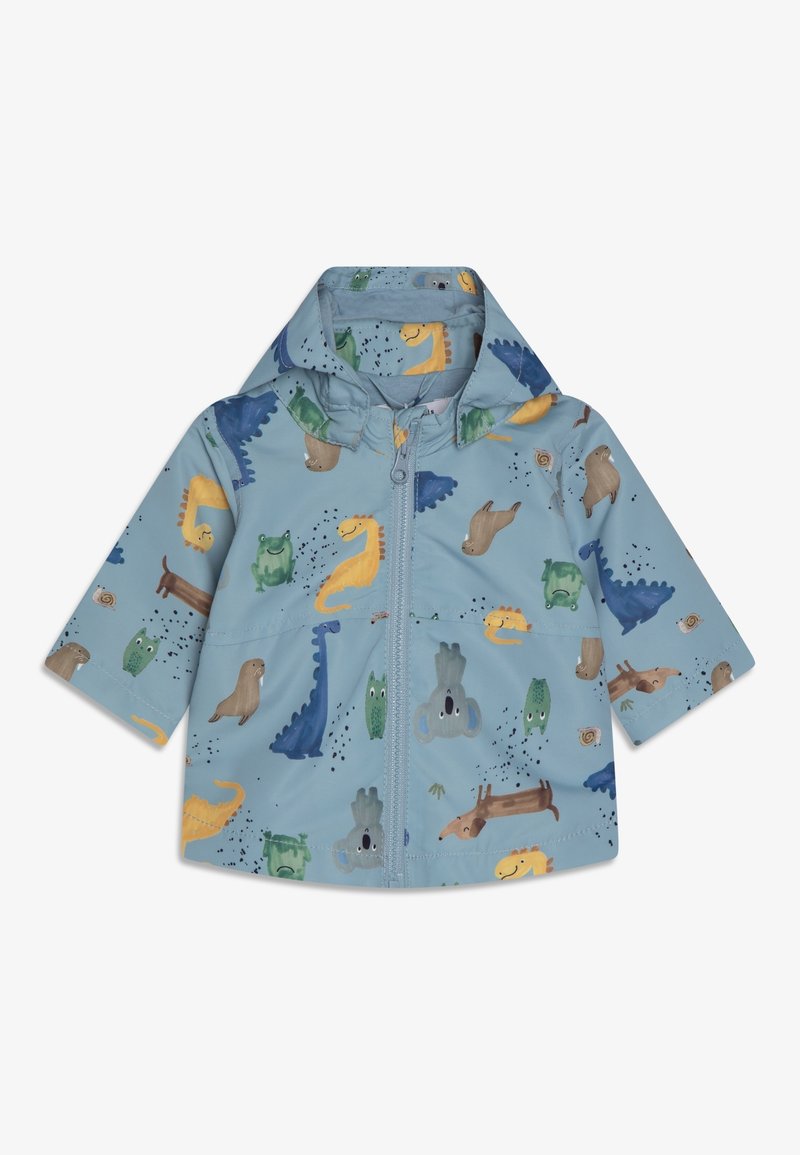 Veste imperméable bleu clair avec motifs animaux, manches courtes, fermeture éclair à l'avant et capuche. Convient aux enfants.