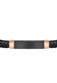 Bracciale in pelle intrecciata nera con un centro piatto e opaco di colore nero e accenti in oro rosa su entrambi i lati.