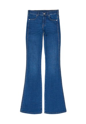 Blue flared jeans made of denim, featuring five pockets, belt loops, and contrast stitching along the seams. Classic design with wide legs.